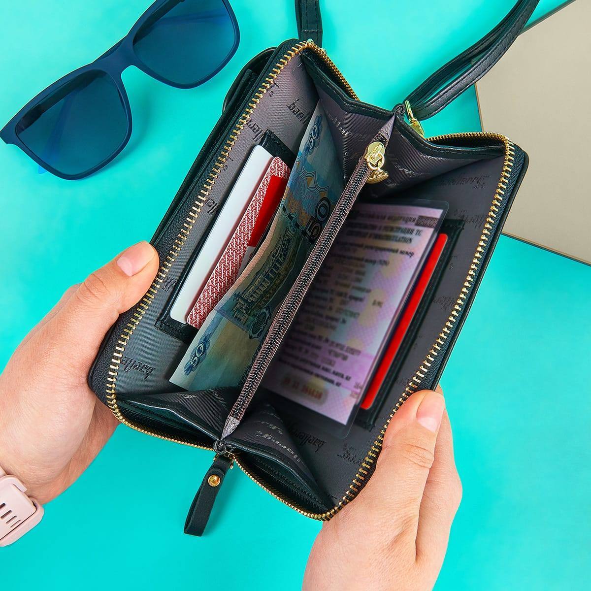 Именной портмоне с наплечным ремнем Комфорт Блэк 